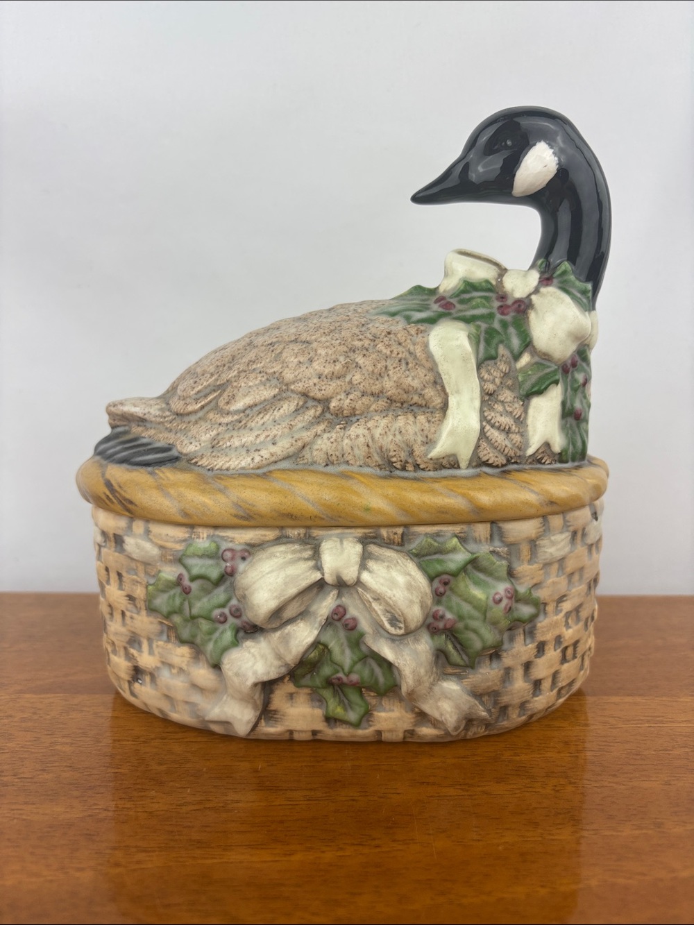 Vintage Christmas goose on basket lidded ceramic dish